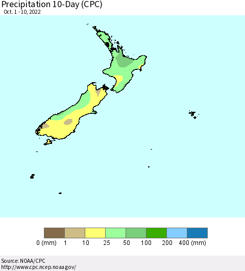 New Zealand Precipitation 10-Day (CPC) Thematic Map For 10/1/2022 - 10/10/2022
