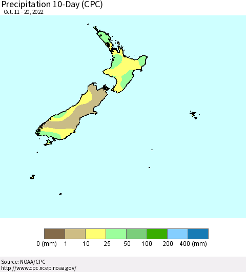 New Zealand Precipitation 10-Day (CPC) Thematic Map For 10/11/2022 - 10/20/2022