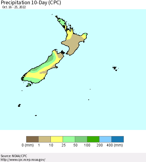 New Zealand Precipitation 10-Day (CPC) Thematic Map For 10/16/2022 - 10/25/2022