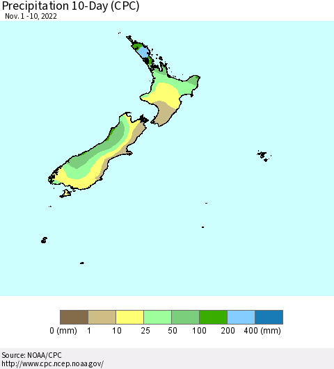 New Zealand Precipitation 10-Day (CPC) Thematic Map For 11/1/2022 - 11/10/2022