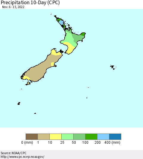New Zealand Precipitation 10-Day (CPC) Thematic Map For 11/6/2022 - 11/15/2022