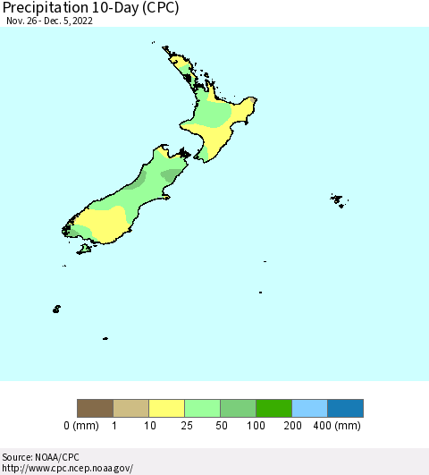 New Zealand Precipitation 10-Day (CPC) Thematic Map For 11/26/2022 - 12/5/2022