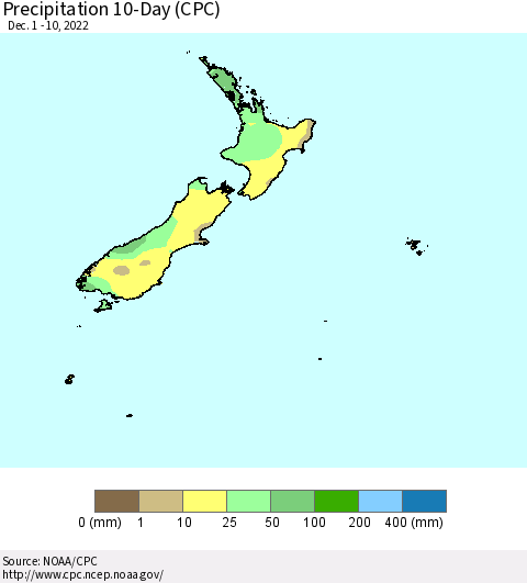 New Zealand Precipitation 10-Day (CPC) Thematic Map For 12/1/2022 - 12/10/2022