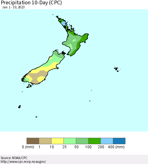 New Zealand Precipitation 10-Day (CPC) Thematic Map For 1/1/2023 - 1/10/2023