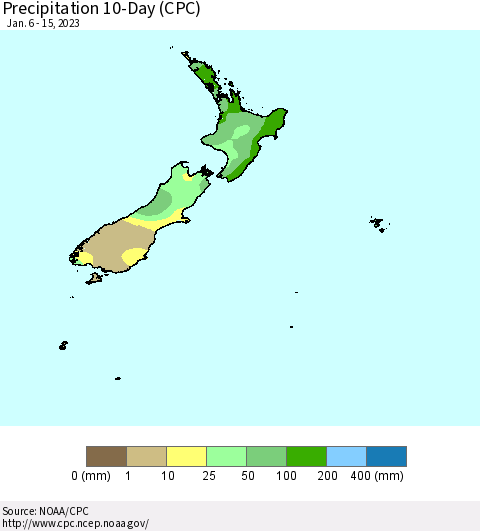 New Zealand Precipitation 10-Day (CPC) Thematic Map For 1/6/2023 - 1/15/2023