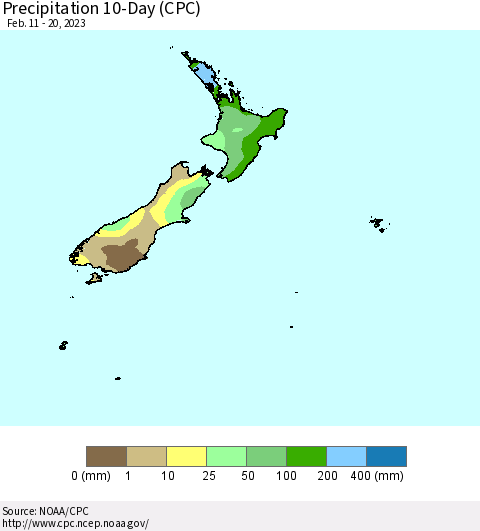 New Zealand Precipitation 10-Day (CPC) Thematic Map For 2/11/2023 - 2/20/2023