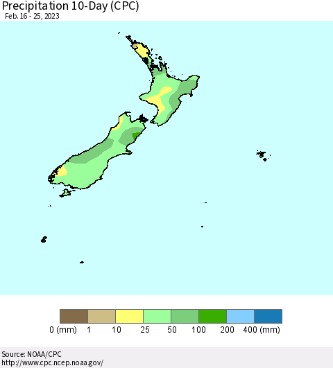 New Zealand Precipitation 10-Day (CPC) Thematic Map For 2/16/2023 - 2/25/2023