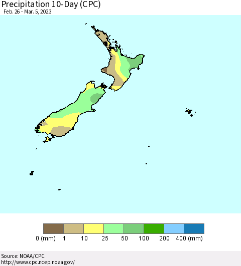 New Zealand Precipitation 10-Day (CPC) Thematic Map For 2/26/2023 - 3/5/2023