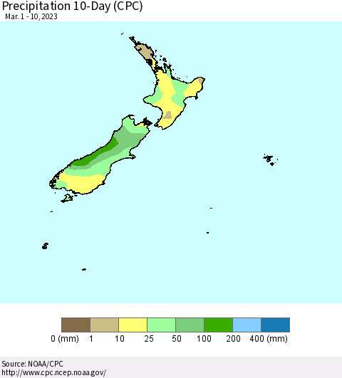 New Zealand Precipitation 10-Day (CPC) Thematic Map For 3/1/2023 - 3/10/2023