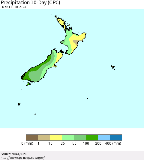 New Zealand Precipitation 10-Day (CPC) Thematic Map For 3/11/2023 - 3/20/2023