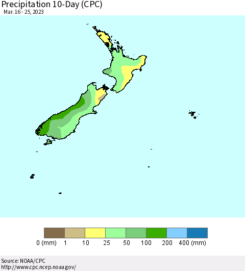 New Zealand Precipitation 10-Day (CPC) Thematic Map For 3/16/2023 - 3/25/2023
