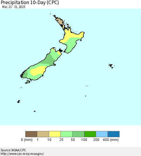 New Zealand Precipitation 10-Day (CPC) Thematic Map For 3/21/2023 - 3/31/2023