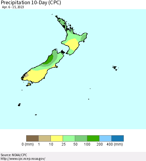 New Zealand Precipitation 10-Day (CPC) Thematic Map For 4/6/2023 - 4/15/2023