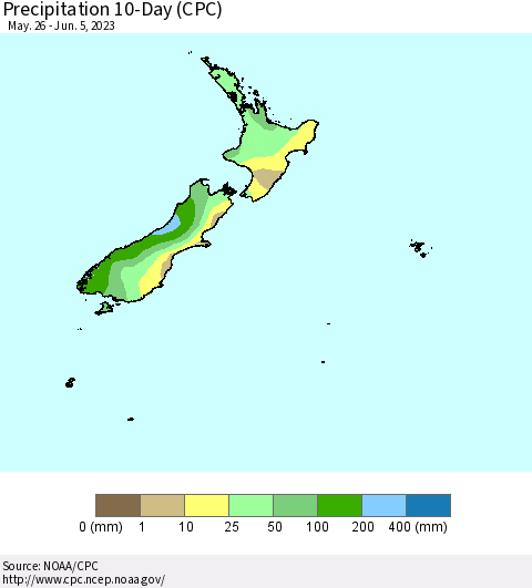 New Zealand Precipitation 10-Day (CPC) Thematic Map For 5/26/2023 - 6/5/2023