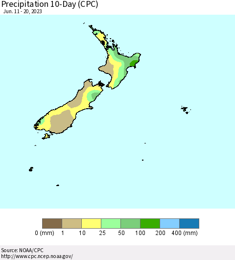 New Zealand Precipitation 10-Day (CPC) Thematic Map For 6/11/2023 - 6/20/2023