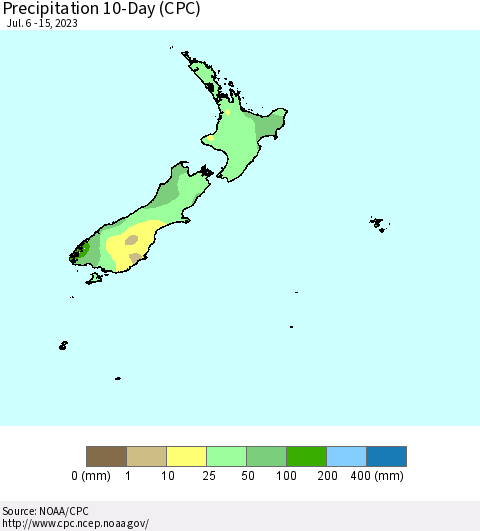 New Zealand Precipitation 10-Day (CPC) Thematic Map For 7/6/2023 - 7/15/2023