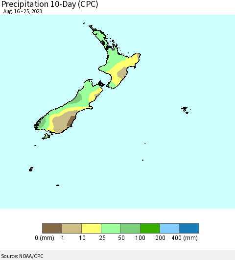 New Zealand Precipitation 10-Day (CPC) Thematic Map For 8/16/2023 - 8/25/2023