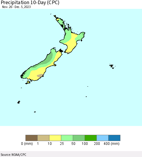 New Zealand Precipitation 10-Day (CPC) Thematic Map For 11/26/2023 - 12/5/2023