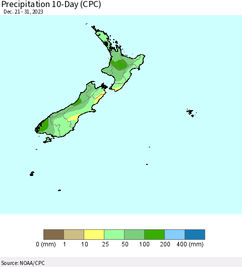 New Zealand Precipitation 10-Day (CPC) Thematic Map For 12/21/2023 - 12/31/2023