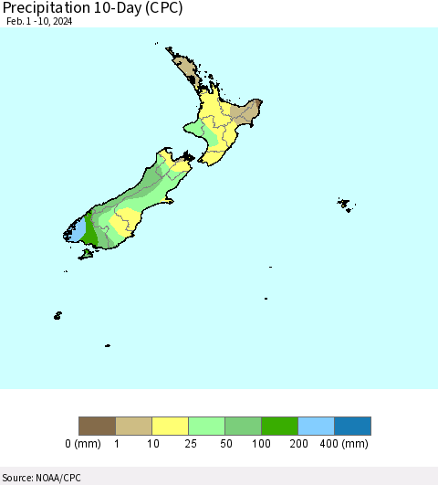 New Zealand Precipitation 10-Day (CPC) Thematic Map For 2/1/2024 - 2/10/2024
