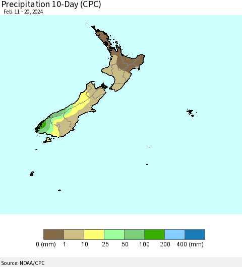 New Zealand Precipitation 10-Day (CPC) Thematic Map For 2/11/2024 - 2/20/2024