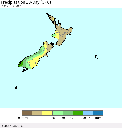 New Zealand Precipitation 10-Day (CPC) Thematic Map For 4/21/2024 - 4/30/2024