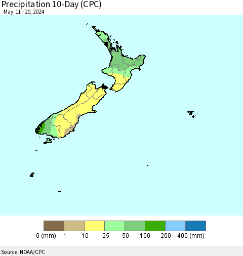 New Zealand Precipitation 10-Day (CPC) Thematic Map For 5/11/2024 - 5/20/2024
