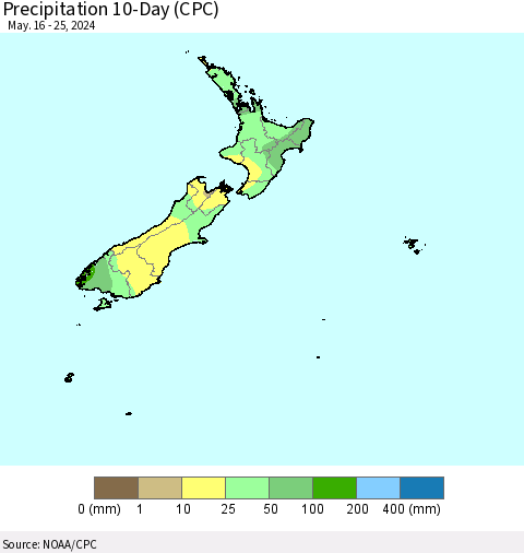 New Zealand Precipitation 10-Day (CPC) Thematic Map For 5/16/2024 - 5/25/2024