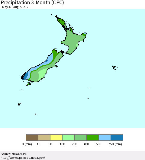 New Zealand Precipitation 3-Month (CPC) Thematic Map For 5/6/2021 - 8/5/2021