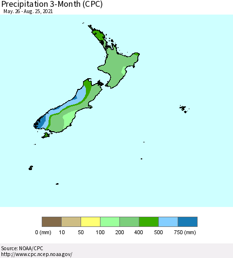 New Zealand Precipitation 3-Month (CPC) Thematic Map For 5/26/2021 - 8/25/2021