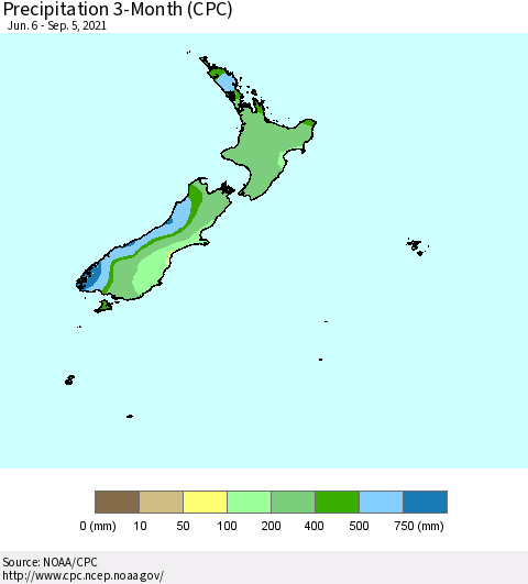 New Zealand Precipitation 3-Month (CPC) Thematic Map For 6/6/2021 - 9/5/2021