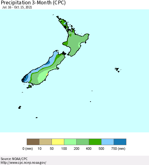 New Zealand Precipitation 3-Month (CPC) Thematic Map For 7/16/2021 - 10/15/2021
