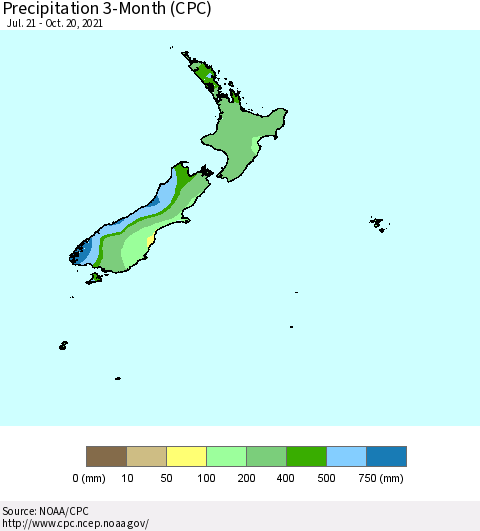 New Zealand Precipitation 3-Month (CPC) Thematic Map For 7/21/2021 - 10/20/2021