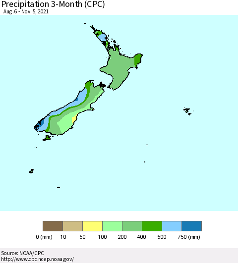 New Zealand Precipitation 3-Month (CPC) Thematic Map For 8/6/2021 - 11/5/2021