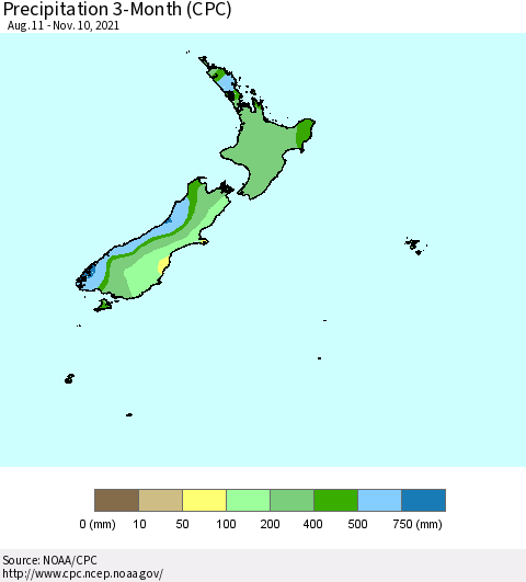 New Zealand Precipitation 3-Month (CPC) Thematic Map For 8/11/2021 - 11/10/2021