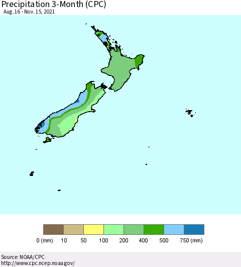 New Zealand Precipitation 3-Month (CPC) Thematic Map For 8/16/2021 - 11/15/2021