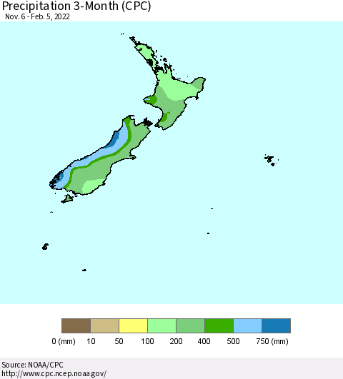 New Zealand Precipitation 3-Month (CPC) Thematic Map For 11/6/2021 - 2/5/2022