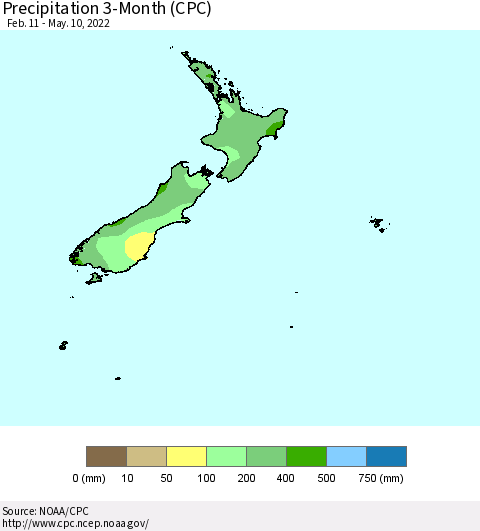 New Zealand Precipitation 3-Month (CPC) Thematic Map For 2/11/2022 - 5/10/2022