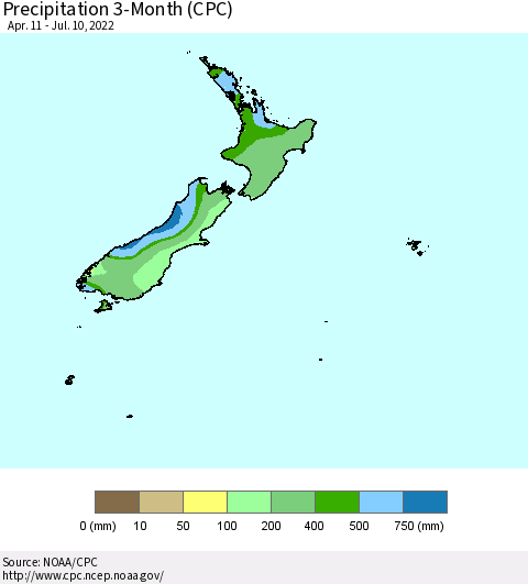 New Zealand Precipitation 3-Month (CPC) Thematic Map For 4/11/2022 - 7/10/2022
