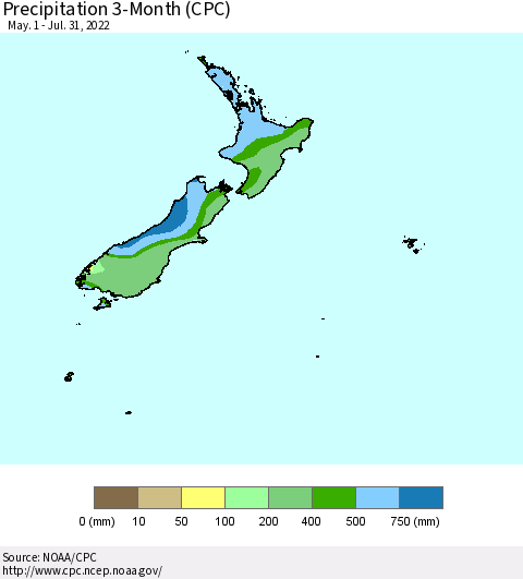 New Zealand Precipitation 3-Month (CPC) Thematic Map For 5/1/2022 - 7/31/2022