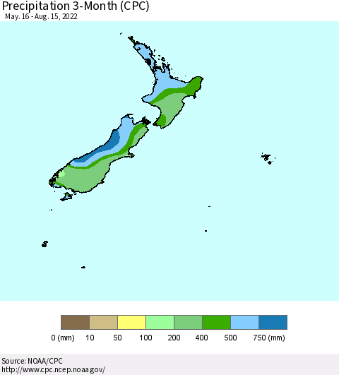 New Zealand Precipitation 3-Month (CPC) Thematic Map For 5/16/2022 - 8/15/2022