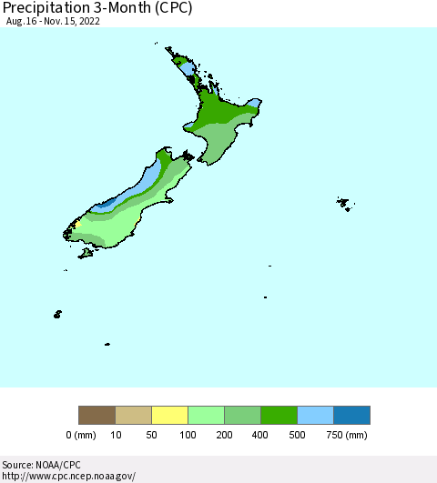 New Zealand Precipitation 3-Month (CPC) Thematic Map For 8/16/2022 - 11/15/2022