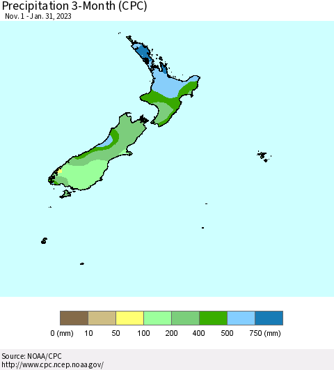 New Zealand Precipitation 3-Month (CPC) Thematic Map For 11/1/2022 - 1/31/2023