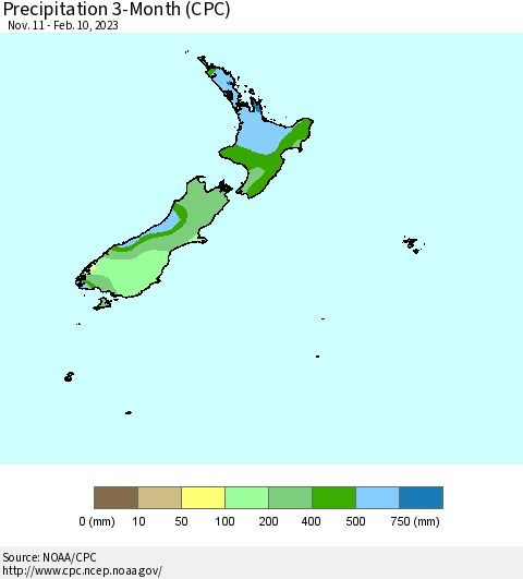 New Zealand Precipitation 3-Month (CPC) Thematic Map For 11/11/2022 - 2/10/2023