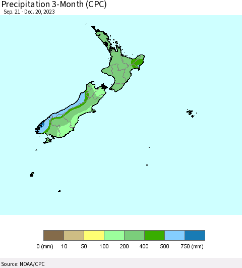 New Zealand Precipitation 3-Month (CPC) Thematic Map For 9/21/2023 - 12/20/2023