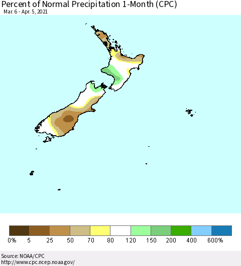 New Zealand Percent of Normal Precipitation 1-Month (CPC) Thematic Map For 3/6/2021 - 4/5/2021