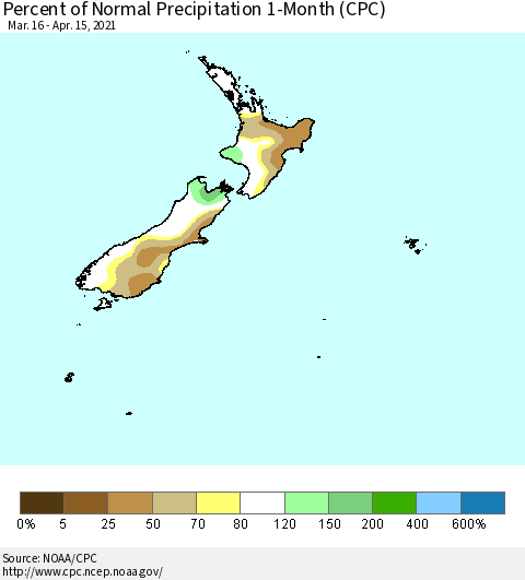 New Zealand Percent of Normal Precipitation 1-Month (CPC) Thematic Map For 3/16/2021 - 4/15/2021
