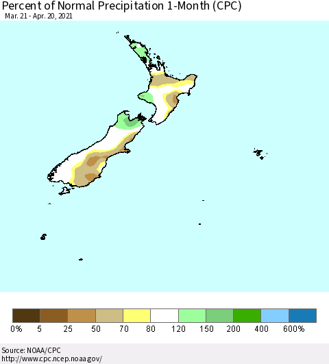 New Zealand Percent of Normal Precipitation 1-Month (CPC) Thematic Map For 3/21/2021 - 4/20/2021