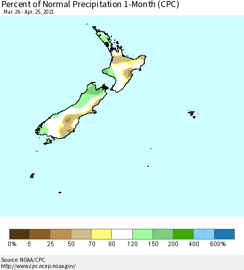 New Zealand Percent of Normal Precipitation 1-Month (CPC) Thematic Map For 3/26/2021 - 4/25/2021
