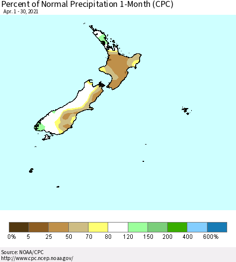 New Zealand Percent of Normal Precipitation 1-Month (CPC) Thematic Map For 4/1/2021 - 4/30/2021